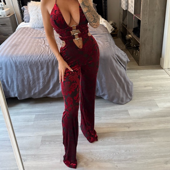 Fashion Nova Pants - Rose Print Velvet Halter Jumpsuit